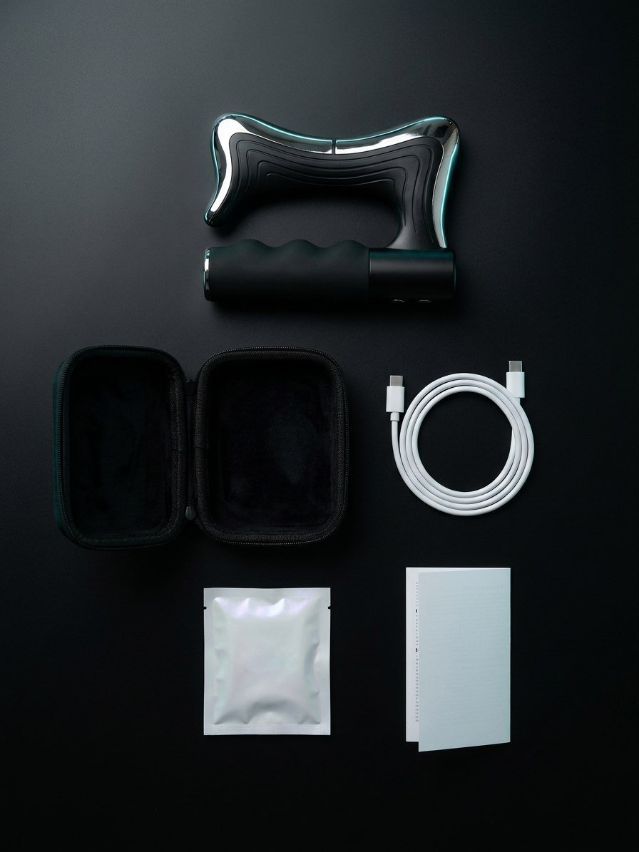 TOAI muscle scraper, travel case, USB-C cable, gel packet, and quick-start card arranged on a clean surface