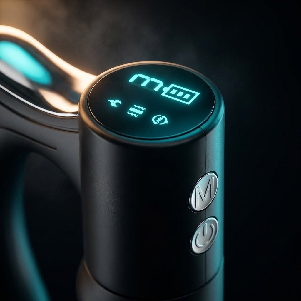 TOAI device close-up showing OLED display with battery indicator and three mode icons, plus M and power buttons
