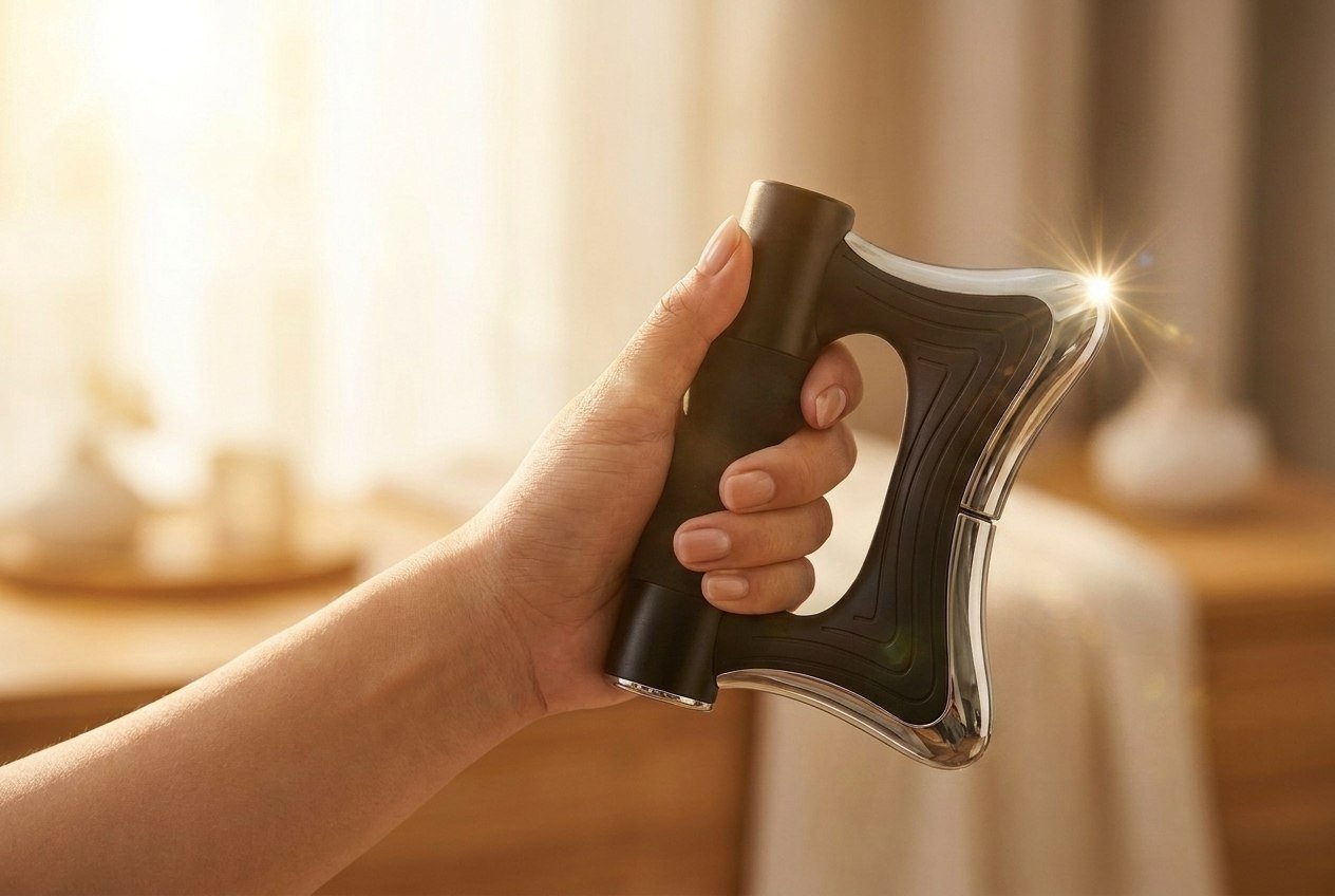 Hand holding the TOAI muscle scraper in a warm home setting